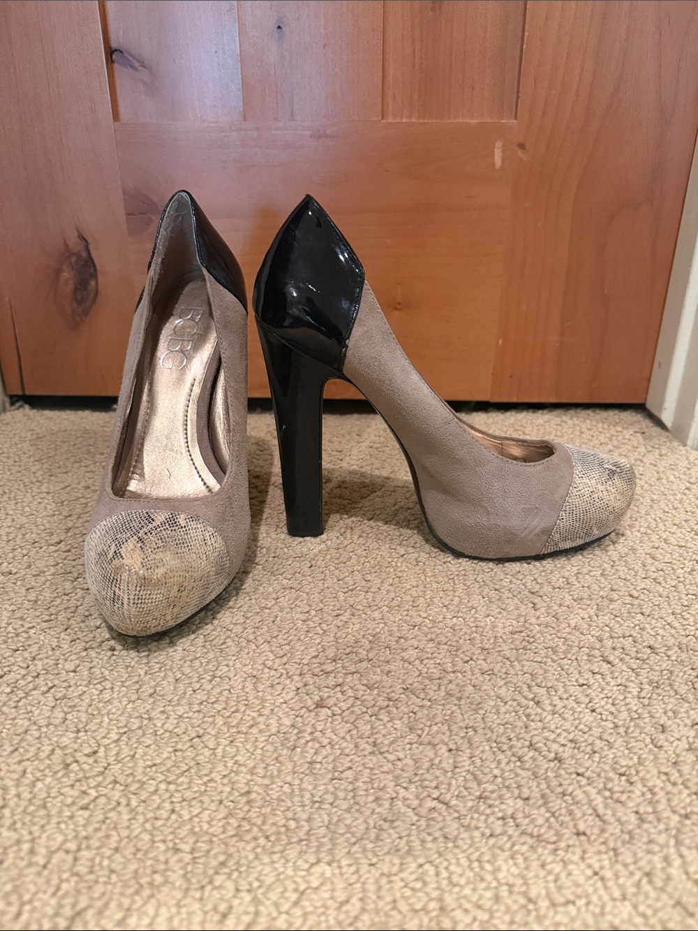 BCBG Women’s Taupe Pointed-Toe High Heels with Black Patent Heel